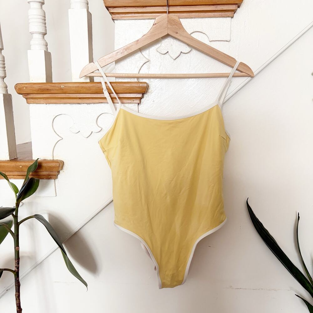 Oysho Women's Yellow Contrast Trim One Piece Swimsuit Scoop Back Padded Size L